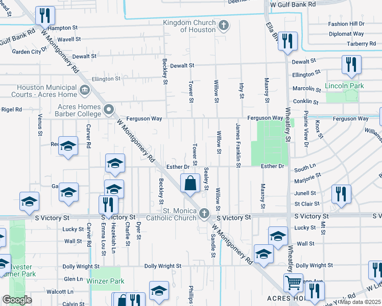 map of restaurants, bars, coffee shops, grocery stores, and more near 8202 Tower Street in Houston