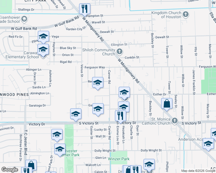 map of restaurants, bars, coffee shops, grocery stores, and more near 8209 Carver Road in Houston