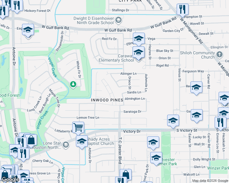 map of restaurants, bars, coffee shops, grocery stores, and more near 7707 Alperton Drive in Houston