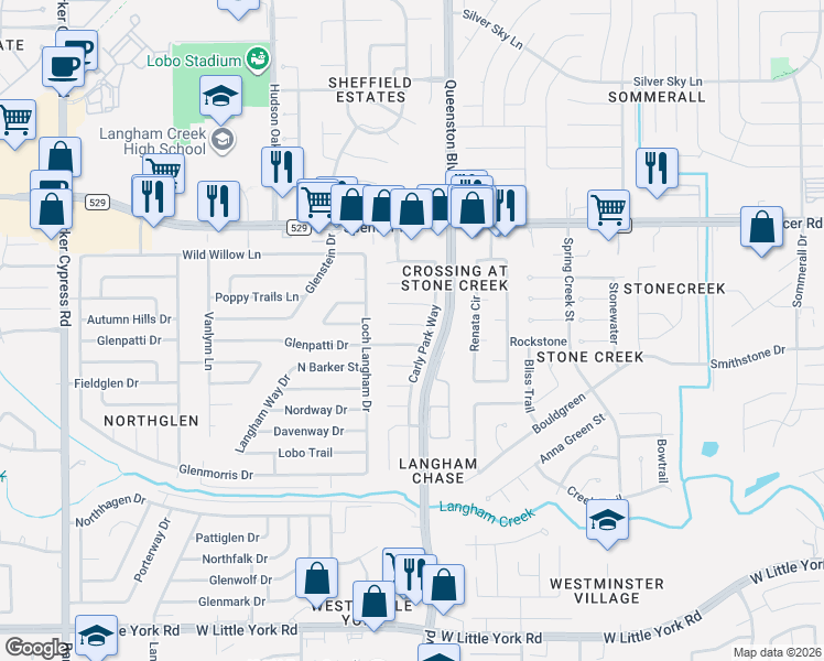 map of restaurants, bars, coffee shops, grocery stores, and more near 17223 Lilac Vale Court in Houston