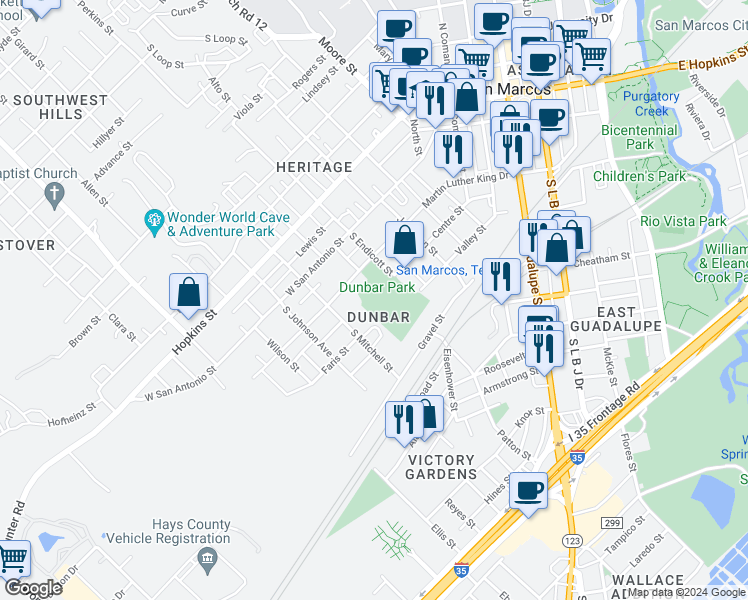 map of restaurants, bars, coffee shops, grocery stores, and more near in San Marcos