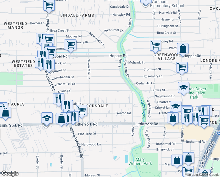 map of restaurants, bars, coffee shops, grocery stores, and more near 2535 Kowis Street in Houston