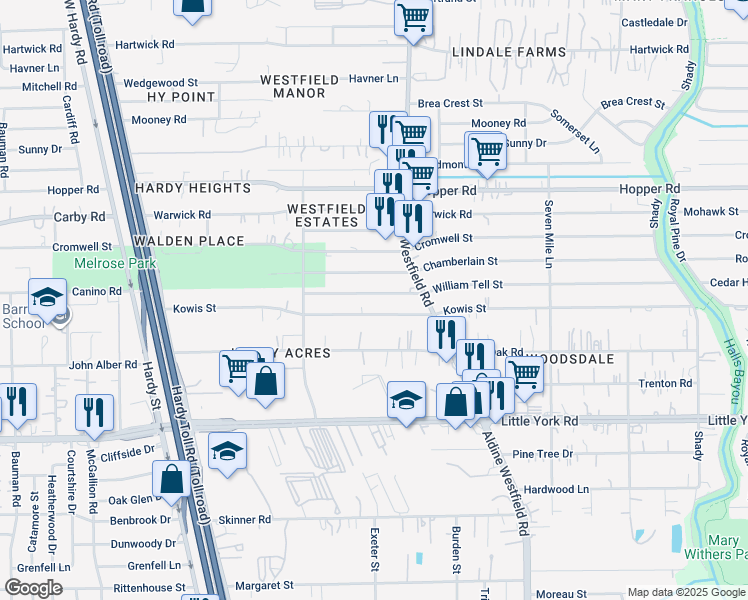 map of restaurants, bars, coffee shops, grocery stores, and more near 1926 William Tell Street in Houston