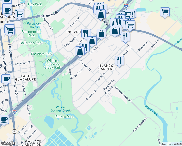 map of restaurants, bars, coffee shops, grocery stores, and more near 903 Barbara Drive in San Marcos
