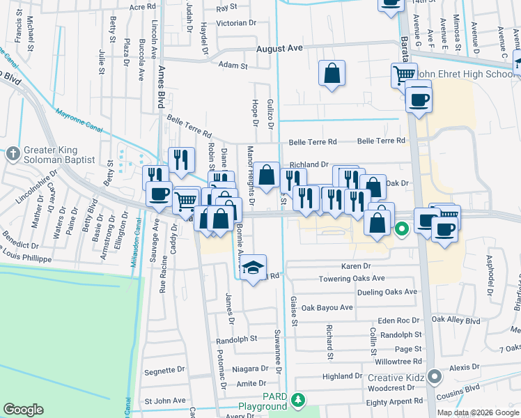 map of restaurants, bars, coffee shops, grocery stores, and more near 3660 Lapalco Boulevard in Marrero