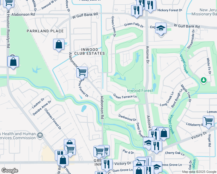 map of restaurants, bars, coffee shops, grocery stores, and more near 7518 Green Lawn Drive in Houston