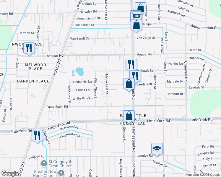 map of restaurants, bars, coffee shops, grocery stores, and more near 5800 Leedale Street in Houston