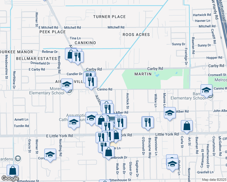 map of restaurants, bars, coffee shops, grocery stores, and more near 12025 Meadowgreen Street in Houston