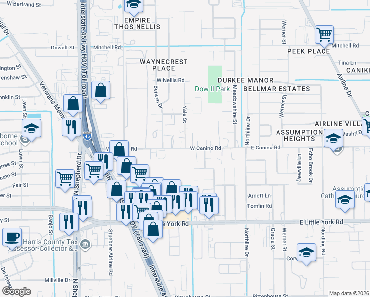 map of restaurants, bars, coffee shops, grocery stores, and more near 301 West Canino Road in Houston