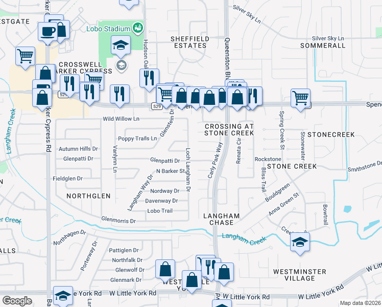 map of restaurants, bars, coffee shops, grocery stores, and more near 6710 Loch Langham Drive in Houston