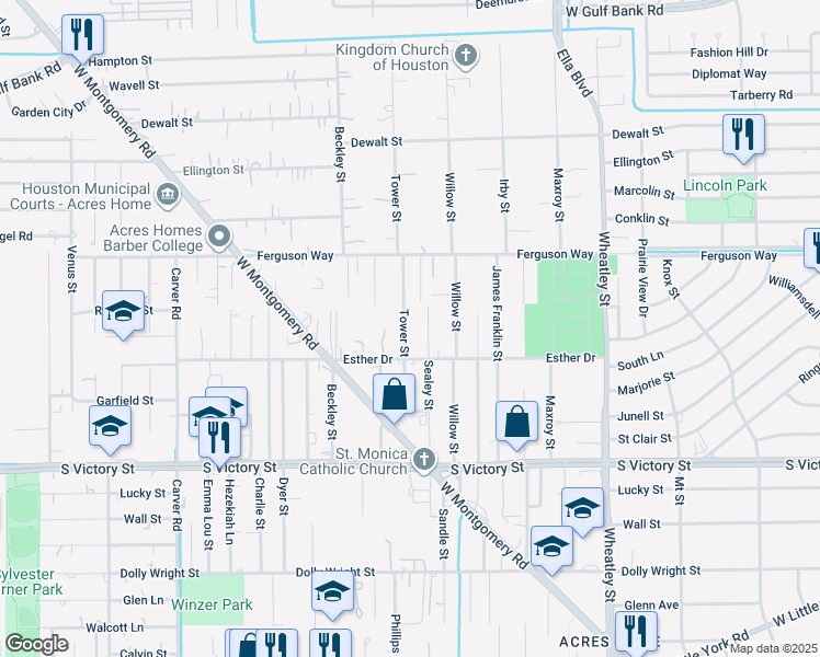 map of restaurants, bars, coffee shops, grocery stores, and more near 8202 Tower Street in Houston
