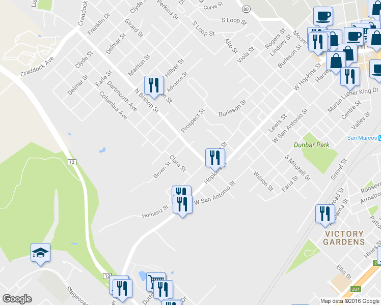 map of restaurants, bars, coffee shops, grocery stores, and more near 401 North Bishop Street in San Marcos