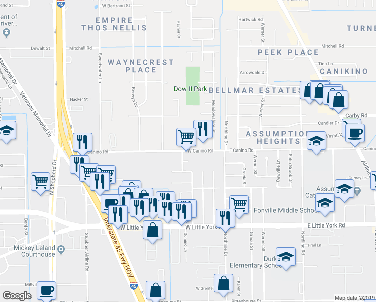 map of restaurants, bars, coffee shops, grocery stores, and more near West Canino Road in Houston