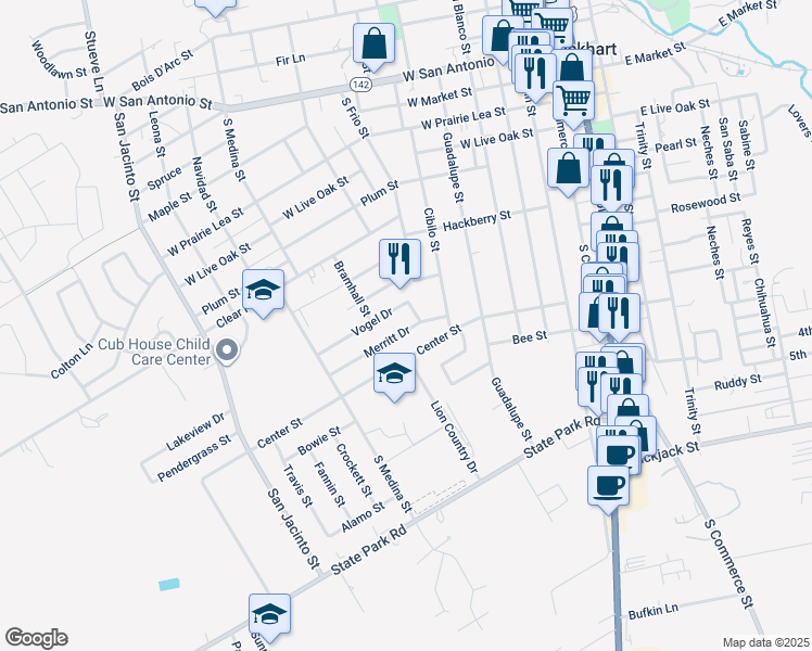 map of restaurants, bars, coffee shops, grocery stores, and more near 805 Merritt Drive in Lockhart