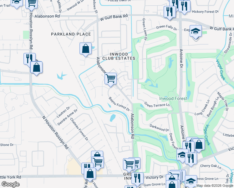 map of restaurants, bars, coffee shops, grocery stores, and more near 7215 Bayou Oaks Drive in Houston