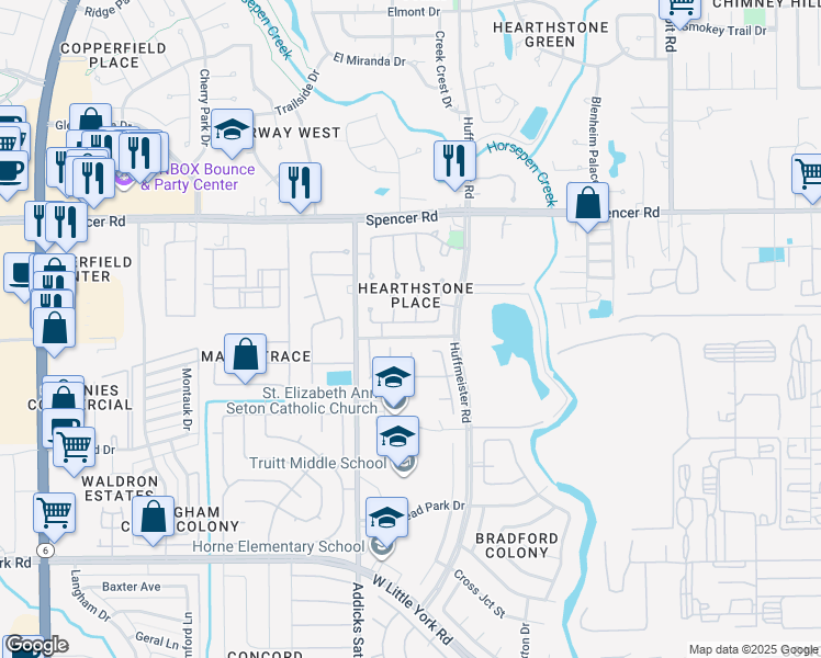 map of restaurants, bars, coffee shops, grocery stores, and more near 14839 Crimson Trail in Houston
