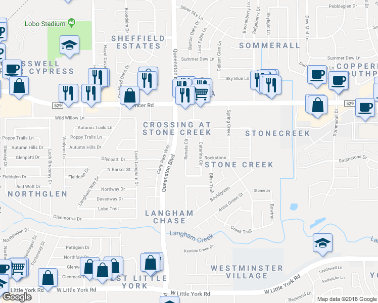 map of restaurants, bars, coffee shops, grocery stores, and more near 6810 Renata Circle in Houston