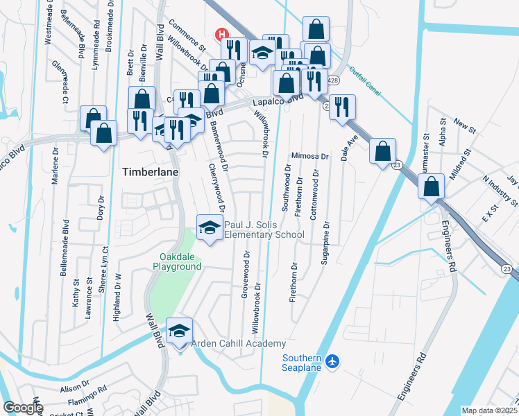 map of restaurants, bars, coffee shops, grocery stores, and more near 444 Willowbrook Drive in Gretna
