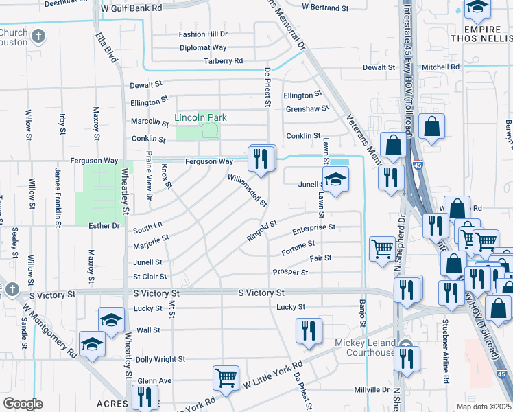 map of restaurants, bars, coffee shops, grocery stores, and more near 8015 De Priest Street in Houston