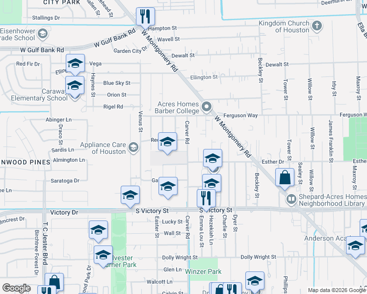 map of restaurants, bars, coffee shops, grocery stores, and more near 8209 Carver Road in Houston