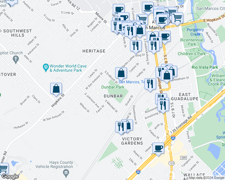 map of restaurants, bars, coffee shops, grocery stores, and more near in San Marcos