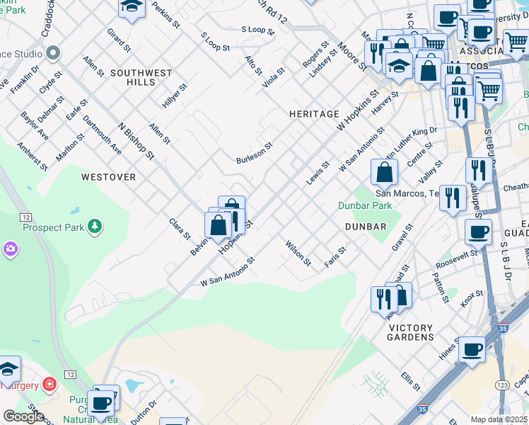 map of restaurants, bars, coffee shops, grocery stores, and more near 1131 Hopkins Street in San Marcos