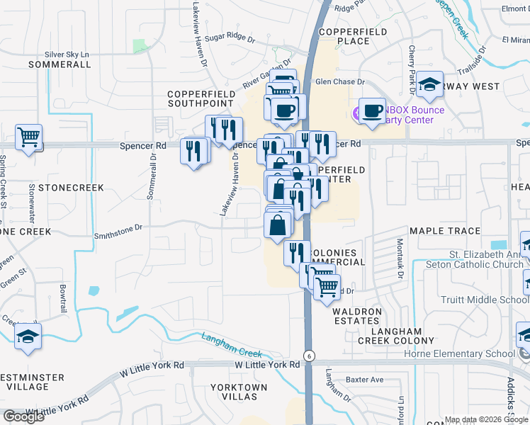 map of restaurants, bars, coffee shops, grocery stores, and more near 6814 Gem Rock Dr in Houston