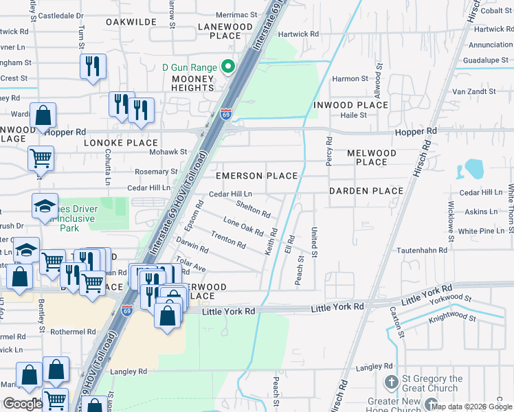 map of restaurants, bars, coffee shops, grocery stores, and more near 4425 Shelton Road in Houston