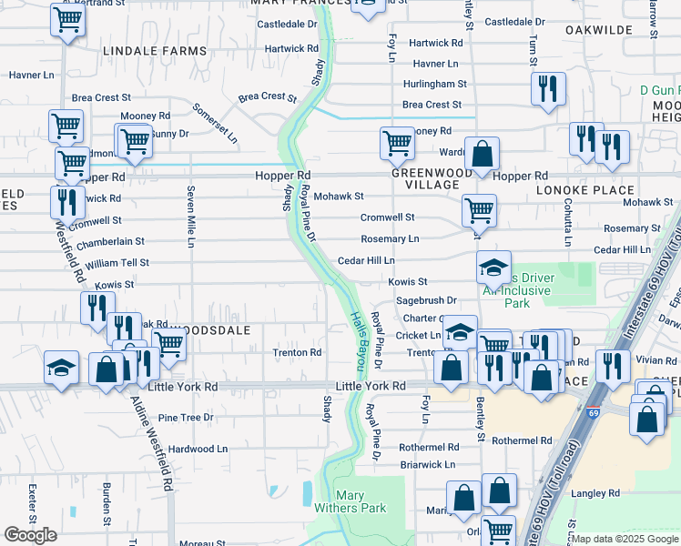 map of restaurants, bars, coffee shops, grocery stores, and more near Halls Bayou Hike and Bike Trail in Houston