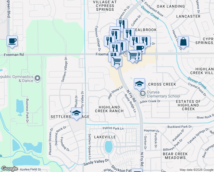 map of restaurants, bars, coffee shops, grocery stores, and more near 20623 Baron Bend Lane in Katy