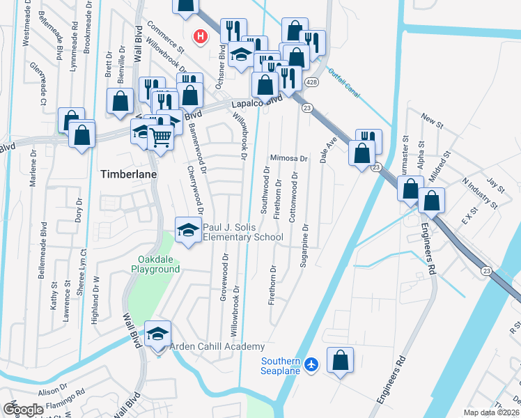 map of restaurants, bars, coffee shops, grocery stores, and more near 276 Southwood Drive in Gretna