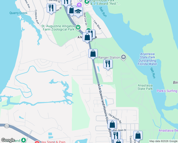 map of restaurants, bars, coffee shops, grocery stores, and more near 6 Madeira Drive in St. Augustine
