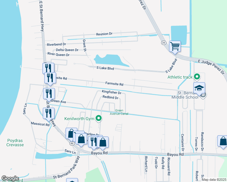 map of restaurants, bars, coffee shops, grocery stores, and more near 2013 Kingfisher Drive in Saint Bernard