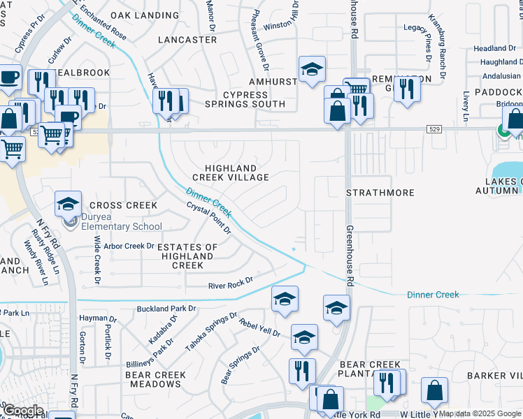 map of restaurants, bars, coffee shops, grocery stores, and more near 19514 Glenway Falls Drive in Katy