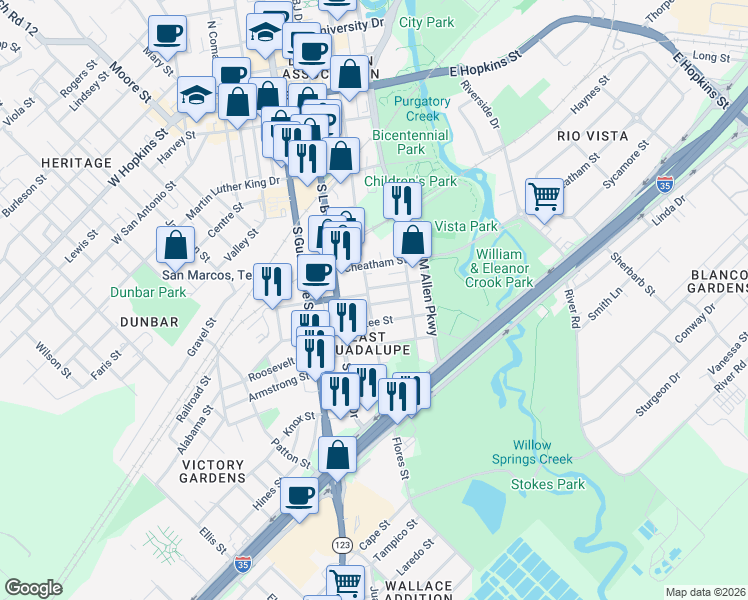 map of restaurants, bars, coffee shops, grocery stores, and more near 211 Lee Street in San Marcos