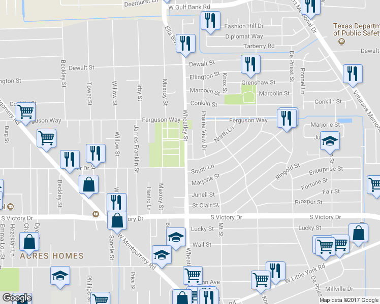 map of restaurants, bars, coffee shops, grocery stores, and more near 8108 Wheatley Street in Houston