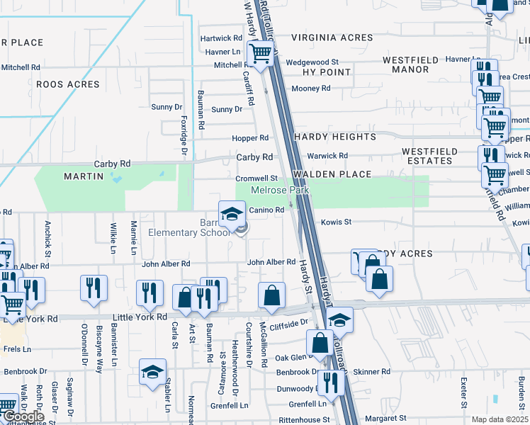 map of restaurants, bars, coffee shops, grocery stores, and more near 1000 Canino Road in Houston