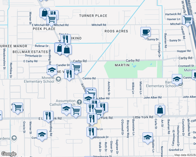 map of restaurants, bars, coffee shops, grocery stores, and more near 12025 Meadowgreen Street in Houston