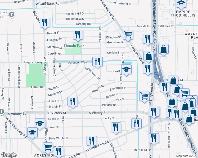 map of restaurants, bars, coffee shops, grocery stores, and more near 8015 De Priest Street in Houston