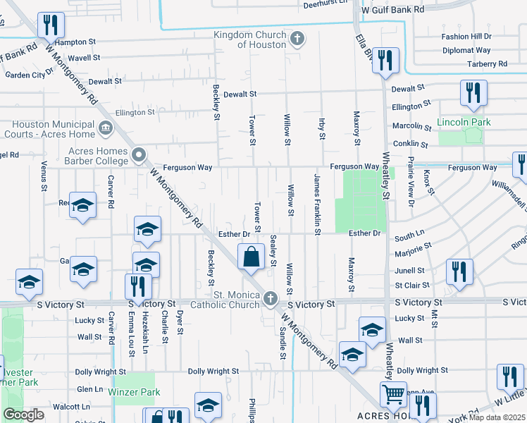 map of restaurants, bars, coffee shops, grocery stores, and more near 8202 Tower Street in Houston