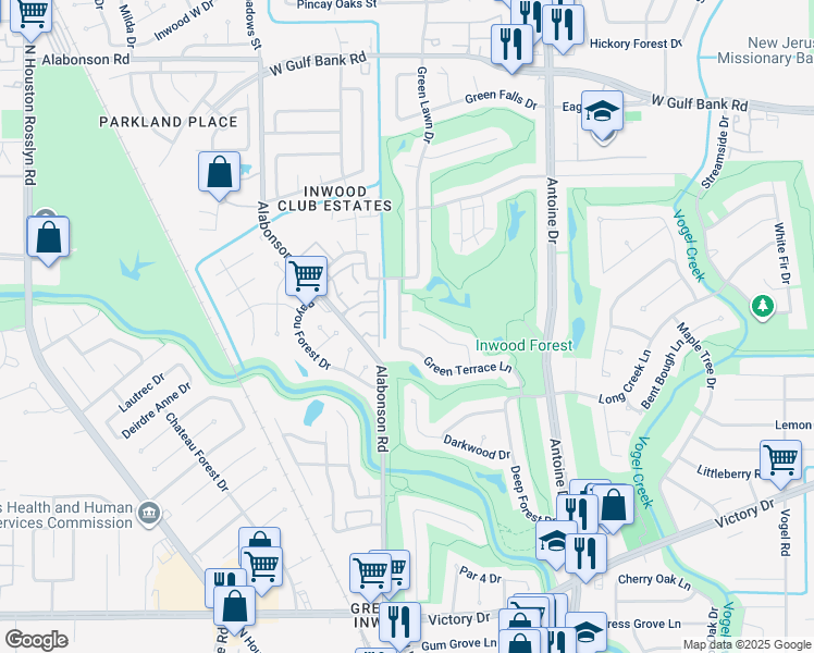 map of restaurants, bars, coffee shops, grocery stores, and more near 7518 Green Lawn Drive in Houston