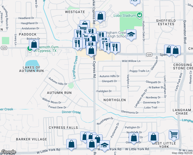 map of restaurants, bars, coffee shops, grocery stores, and more near 18002 Autumn Hills Drive in Katy