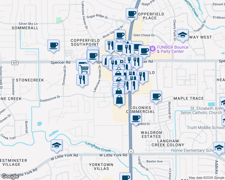 map of restaurants, bars, coffee shops, grocery stores, and more near 6814 Gem Rock Dr in Houston