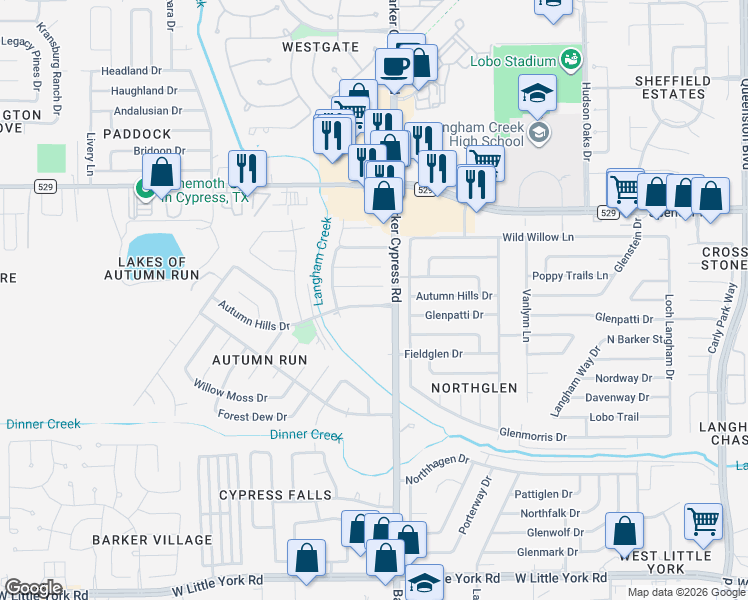 map of restaurants, bars, coffee shops, grocery stores, and more near 18106 Autumn Hills Drive in Katy
