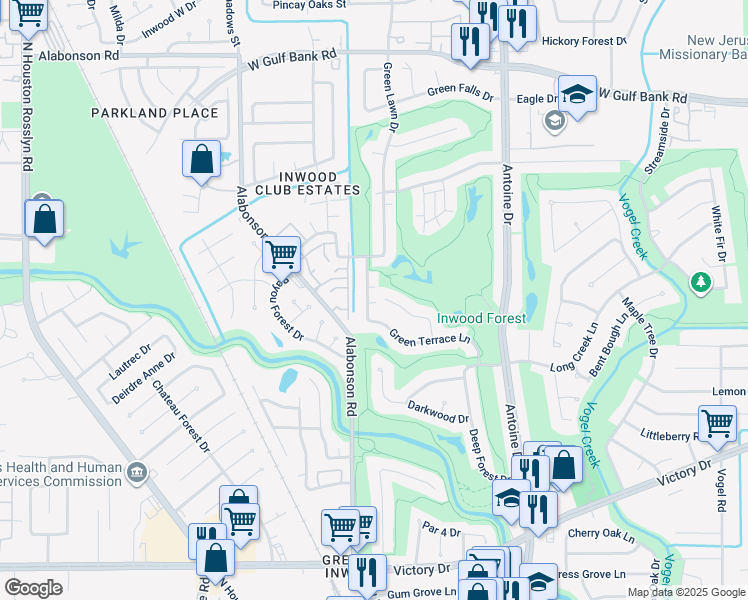 map of restaurants, bars, coffee shops, grocery stores, and more near 7518 Green Lawn Drive in Houston