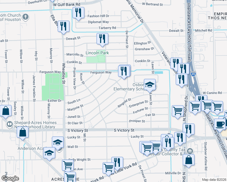 map of restaurants, bars, coffee shops, grocery stores, and more near 954 Junell Street in Houston