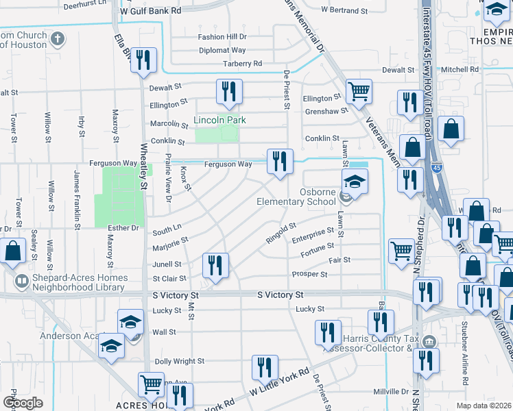 map of restaurants, bars, coffee shops, grocery stores, and more near 954 Junell Street in Houston