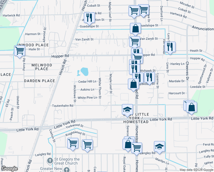 map of restaurants, bars, coffee shops, grocery stores, and more near 11002 White Thorn Street in Houston