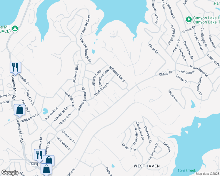 map of restaurants, bars, coffee shops, grocery stores, and more near 824 Trail Crest Drive in Canyon Lake