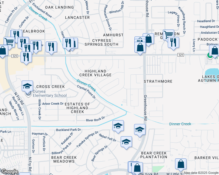 map of restaurants, bars, coffee shops, grocery stores, and more near 19514 Glenway Falls Drive in Katy